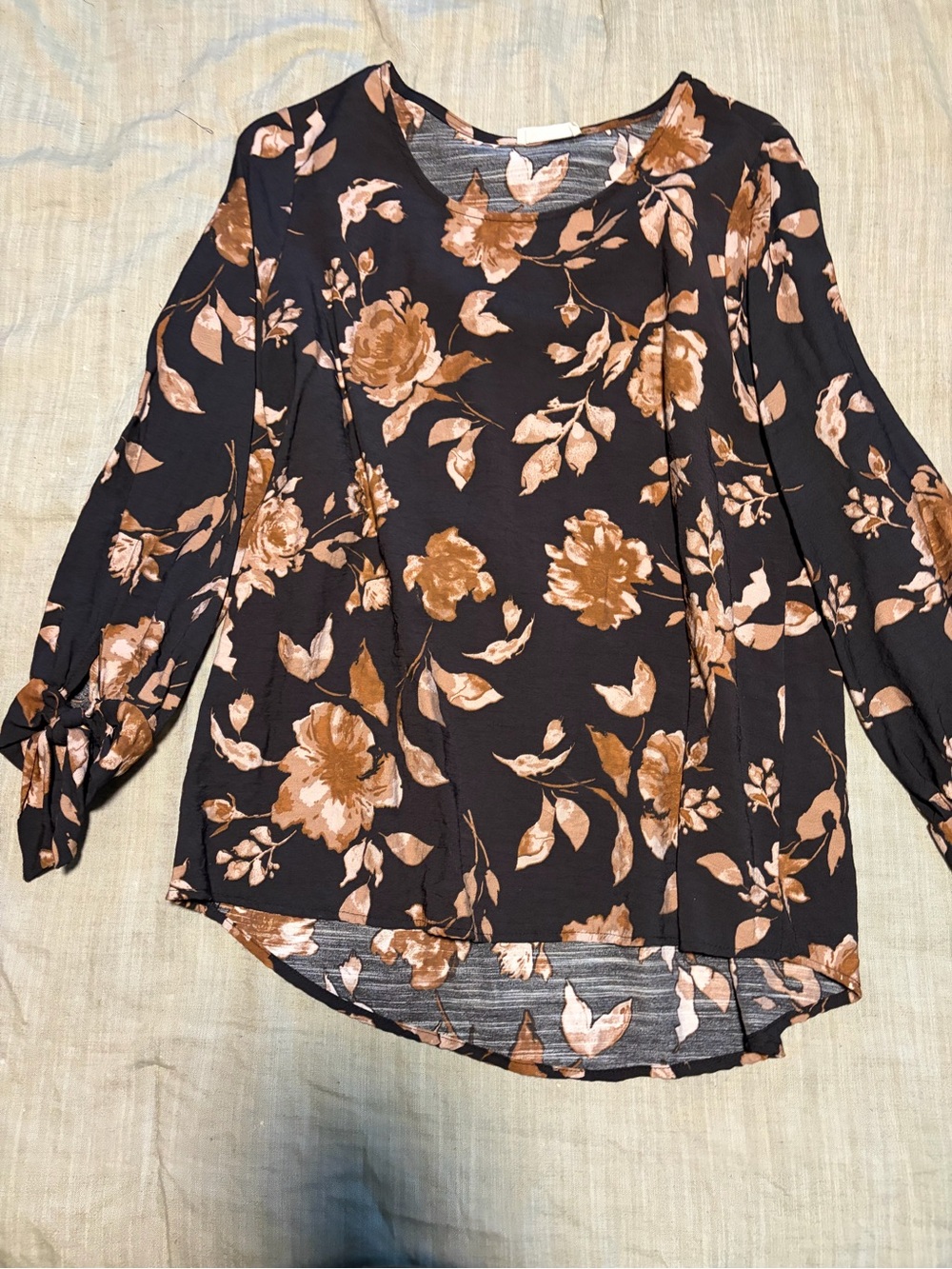 Black Floral Tie-Sleeve Blouse with Brown Print